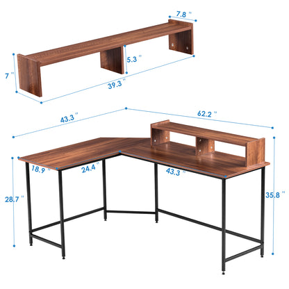 L-Shaped Corner Desk Computer Gaming Desk with Monitor Stand , Home Office Writing Workstation, Black, 63 x 44 inch (Black),6090-home-6404BK/BR/DB