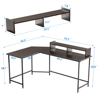 L-Shaped Corner Desk Computer Gaming Desk with Monitor Stand , Home Office Writing Workstation, Black, 63 x 44 inch (Black),6090-home-6404BK/BR/DB