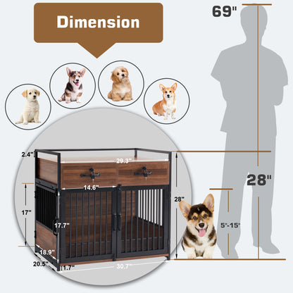 Mcombo Furniture Style Dog Crate, Wooden Dog Crate End Table, Double Doors Dog Kennel with Storage Drawers, 0649