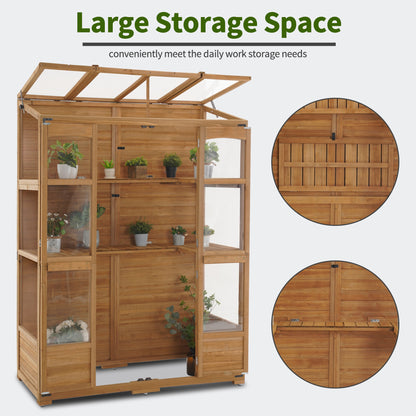 Mcombo Wooden Greenhouse, Walk-in Outdoor Greenhouse with Openable Roof and Lockable Door, 0899