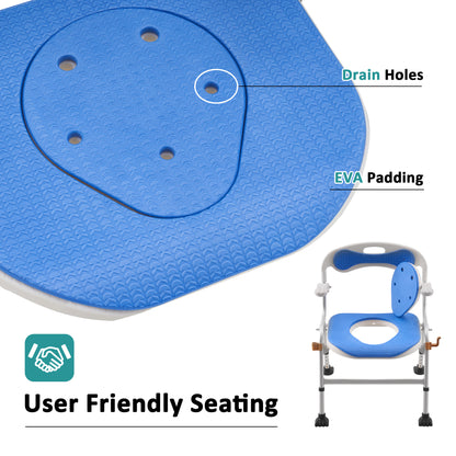 MCombo Folding Shower Chair for Travel, Shower Chair No Assembly with Unique Anti-Slip Foot, Bedside Shower Commode Chair with Drop Arm and Backrest for Seniors, Disabled, Lightweight Portable