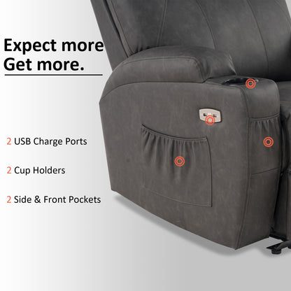 Mcombo Electric Power Recliner Chair with Massage and Heat, 2 Positions, USB Charge Ports, 2 Side Pockets and Cup Holders, Faux Leather 7050