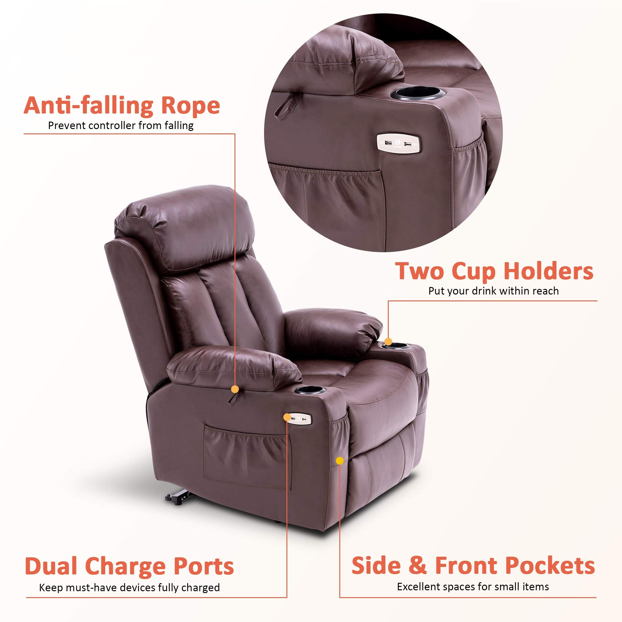 MCombo Large Electric Power Lift Recliner Chair with Extended Footrest for Big and Tall Elderly People, Hand Remote Control, Lumbar Pillow, USB Ports, 7426