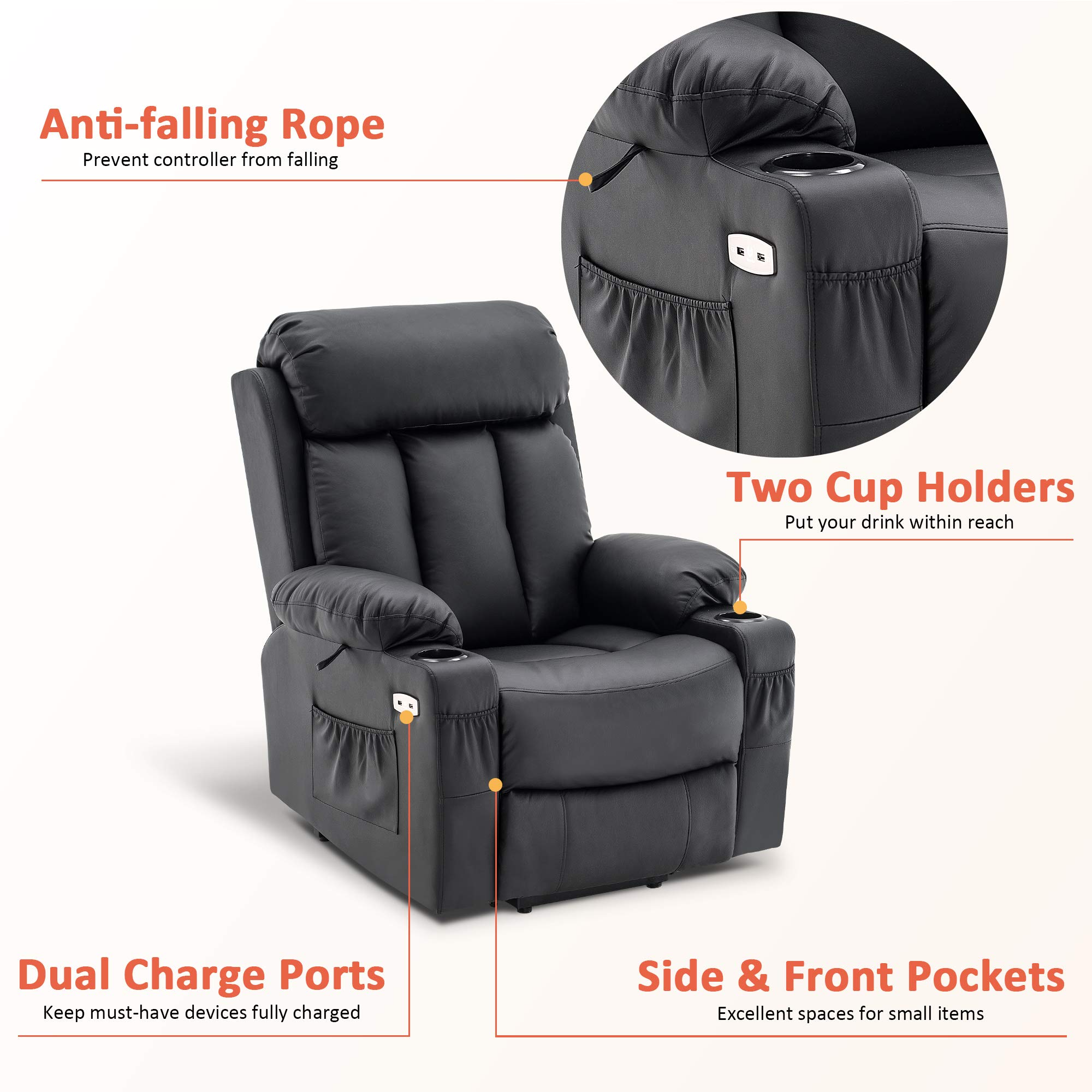 MCombo Large Electric Power Lift Recliner Chair with Extended Footrest for Big and Tall Elderly People, Hand Remote Control, Lumbar Pillow, USB Ports, 7426