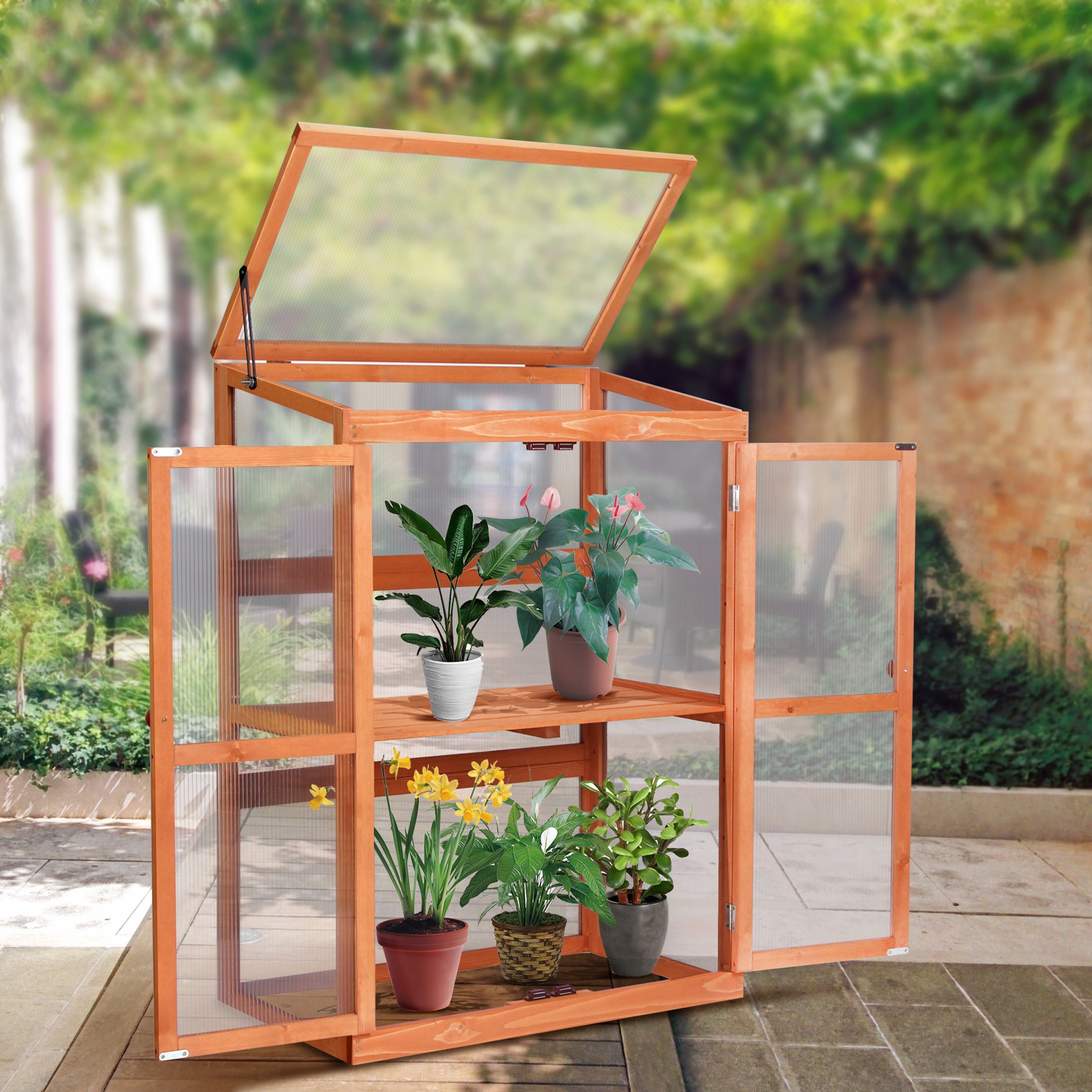 MCombo Greenhouse Wooden Cold Frame Greenhouse, Garden Portable Mini Greenhouse Cabinet, Raised Flower Planter Shelf Protection for Outdoor Indoor Use, 0760