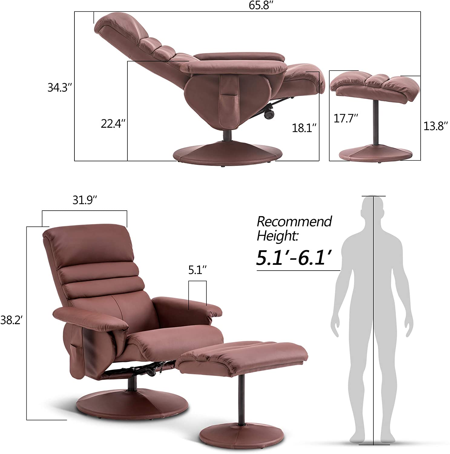 MCombo Leather Recliner Chair with Ottoman Swivel Base for Living Room Office 7902