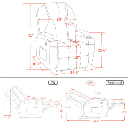 Mcombo Electric Power Recliner Chair with Massage and Heat, 2 Positions, USB Charge Ports, 2 Side Pockets and Cup Holders, Faux Leather 7050