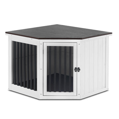 Mcombo Furniture Corner Dog Crate, End Table Dog Kennel with Door, Wooden Dog House, Pet Crate Indoor Use