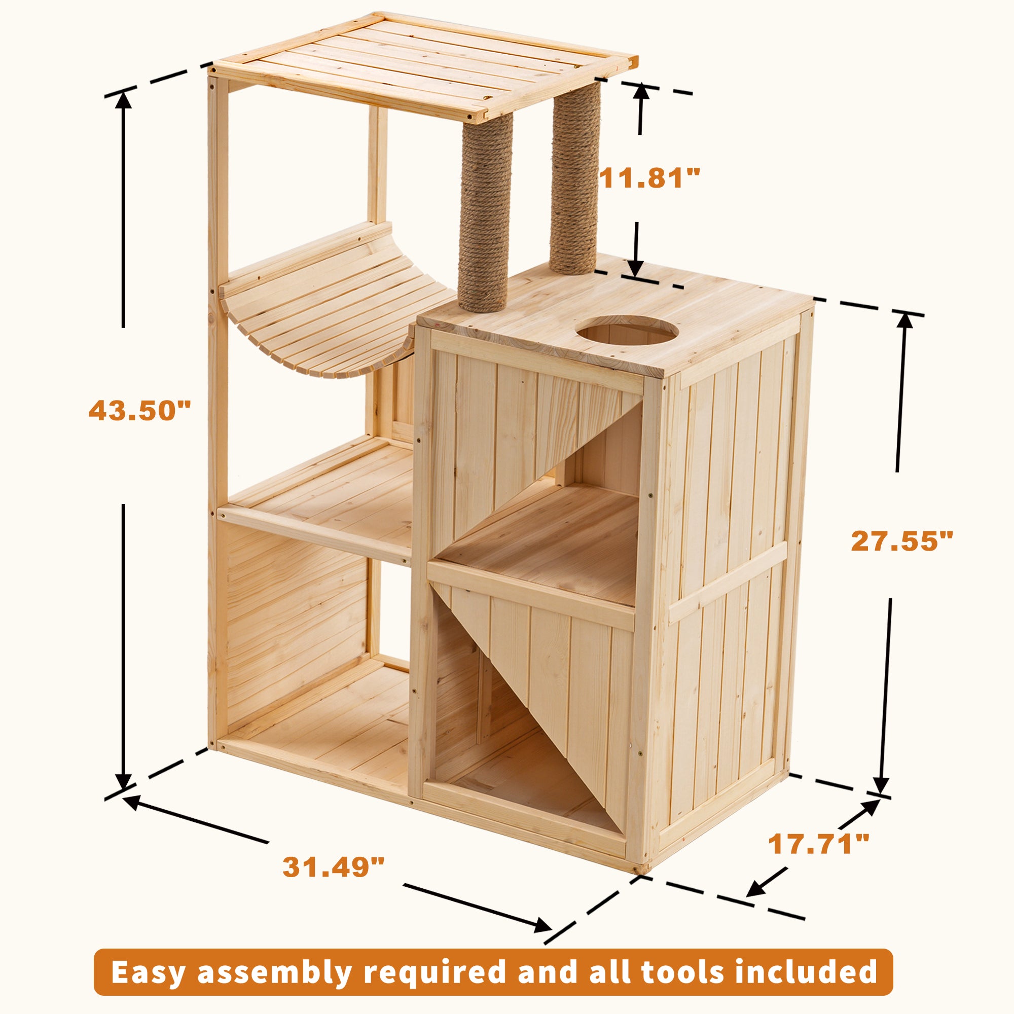 Mcombo Wooden Cat House for Indoor Cats, Solid Wood Cat Condo with Scratching Columns 6012-0505