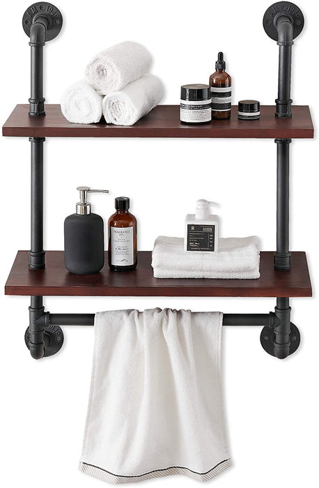 2 Tier Wall Mounted Bathroom Organizer Wood Wall Shelf w/Towel Bar