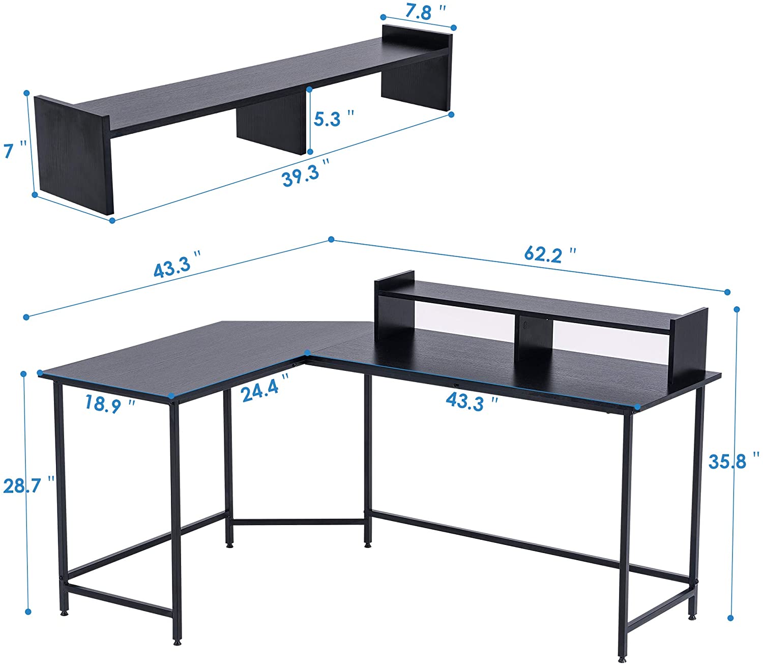 L-Shaped Corner Desk Computer Gaming Desk with Monitor Stand , Home Office Writing Workstation, Black, 63 x 44 inch (Black),6090-home-6404BK/BR/DB