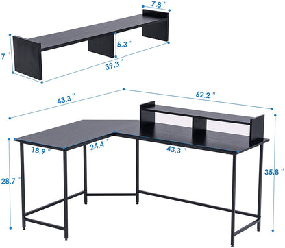 L-Shaped Corner Desk Computer Gaming Desk with Monitor Stand , Home Office Writing Workstation, Black, 63 x 44 inch (Black),6090-home-6404BK/BR/DB