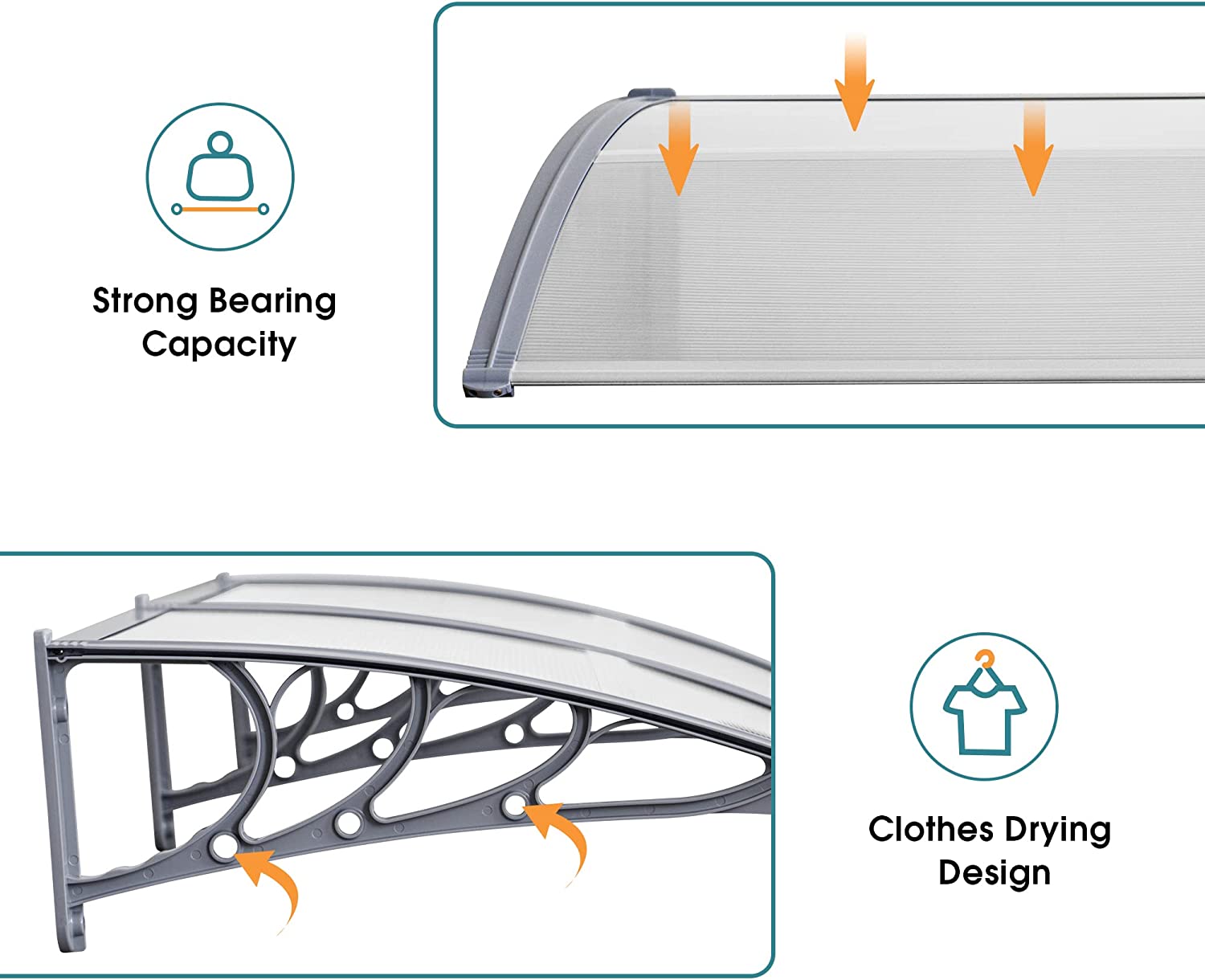 MCombo 40"×40", 40"×80" ,or 40"×120" Window Awning Outdoor Polycarbonate Front Door Patio Cover Garden Canopy 6055-4040/4080/4012