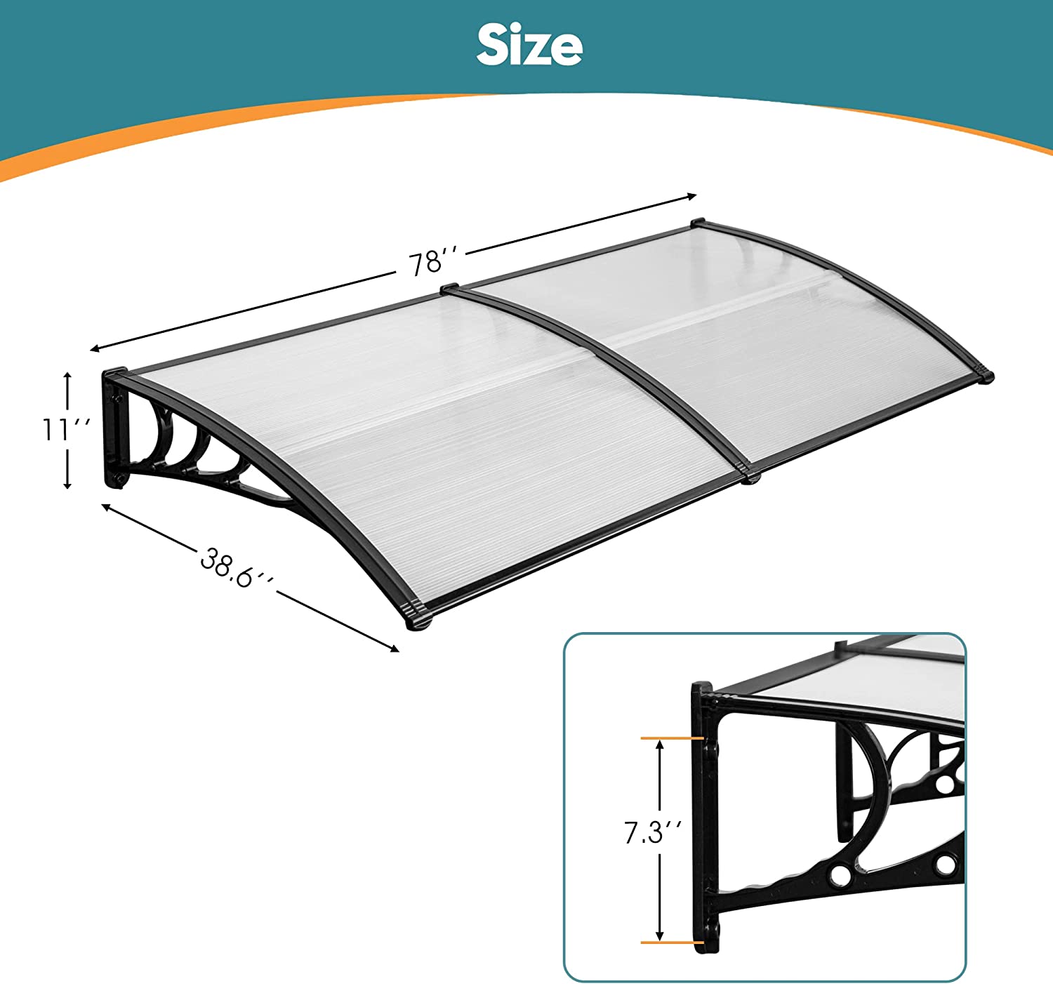 MCombo 40"×40", 40"×80" ,or 40"×120" Window Awning Outdoor Polycarbonate Front Door Patio Cover Garden Canopy 6055-4040/4080/4012