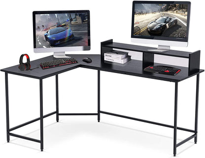 L-Shaped Corner Desk Computer Gaming Desk with Monitor Stand , Home Office Writing Workstation, Black, 63 x 44 inch (Black),6090-home-6404BK/BR/DB