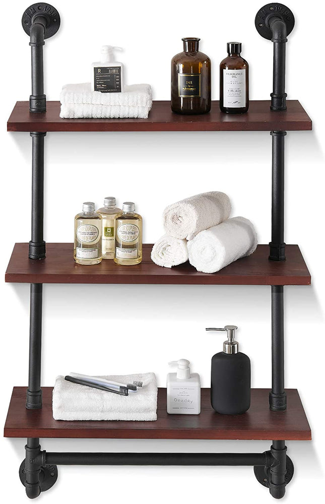 2 Tier Wall Mount Bathroom Shelf Organizer Wood Wall Storage Rack with  Towel Bar