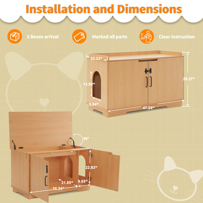 MCombo Cat Litter Box Furniture Hidden with Top Opening, XL Pet Enclosed Litter Bench with Divider, Wooden Hideaway Extra Large Cat House, Cat Washroom Storage Bench Indoor CT37