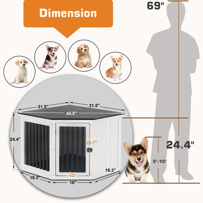 Mcombo Furniture Corner Dog Crate, End Table Dog Kennel with Door, Wooden Dog House, Pet Crate Indoor Use