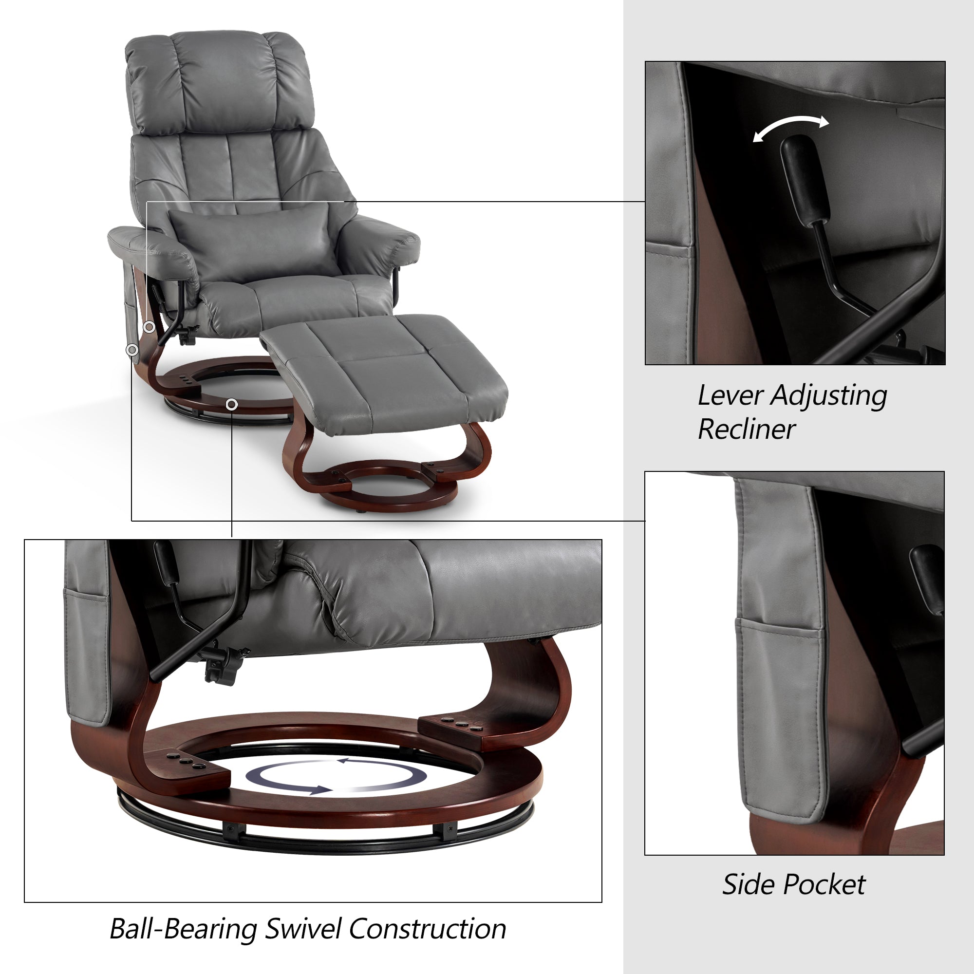 MCombo Recliner with Ottoman Reclining Chair with Massage and Lumbar Pillow, 360 Degree Swivel Wood Base, Faux Leather 9068