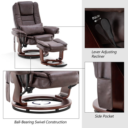 MCombo Recliner with Ottoman Chair Accent Recliner Chair with Vibration Massage, 360 Degree Swivel Wood Base, Faux Leather 9096