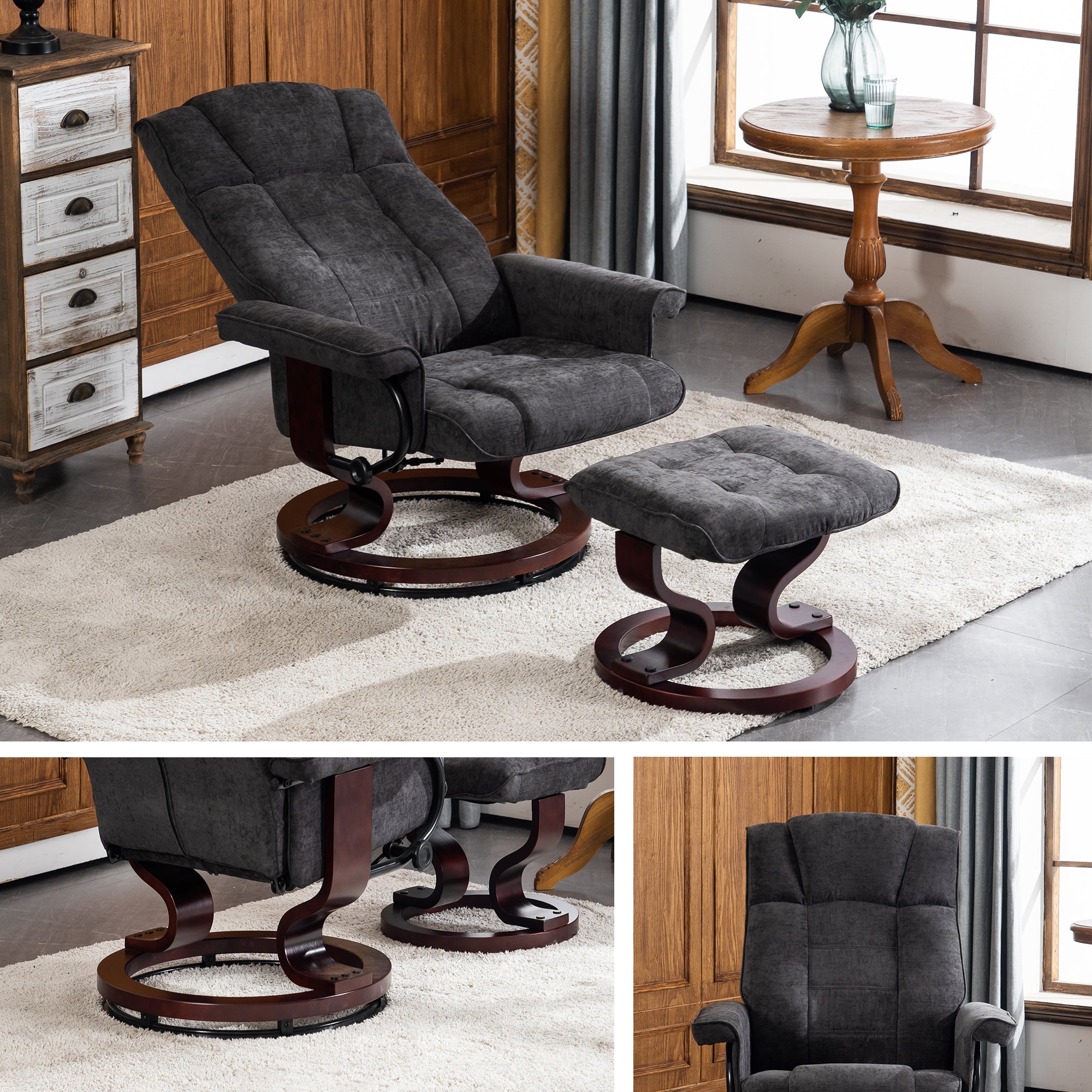 MCombo Swivel Recliner with Ottoman, Manual Recliner Chairs with Wood Base for Living Room Bedroom Office, Chenille Fabric 4919