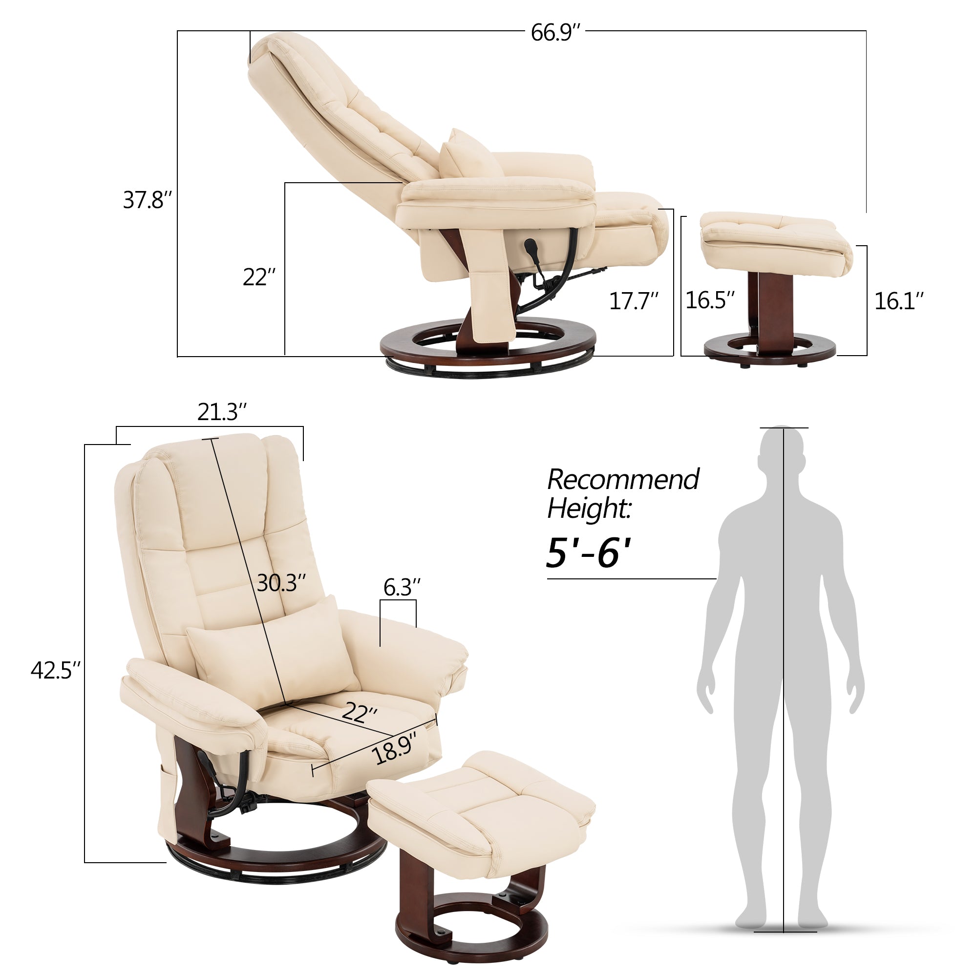 MCombo Recliner with Ottoman Chair Accent Recliner Chair with Vibration Massage, 360 Degree Swivel Wood Base, Faux Leather 9096