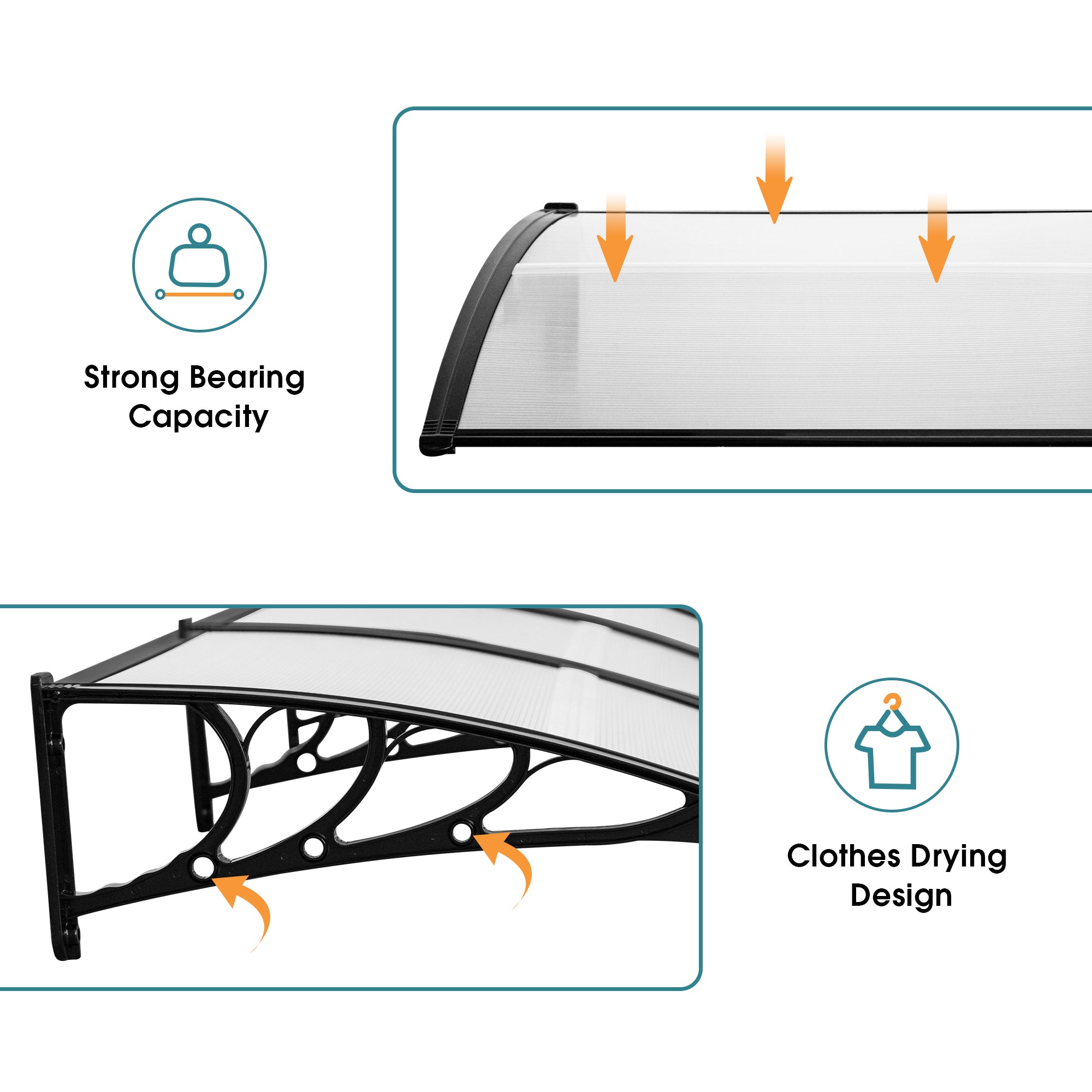 MCombo 40"×40", 40"×80" ,or 40"×120" Window Awning Outdoor Polycarbonate Front Door Patio Cover Garden Canopy 6055-4040/4080/4012