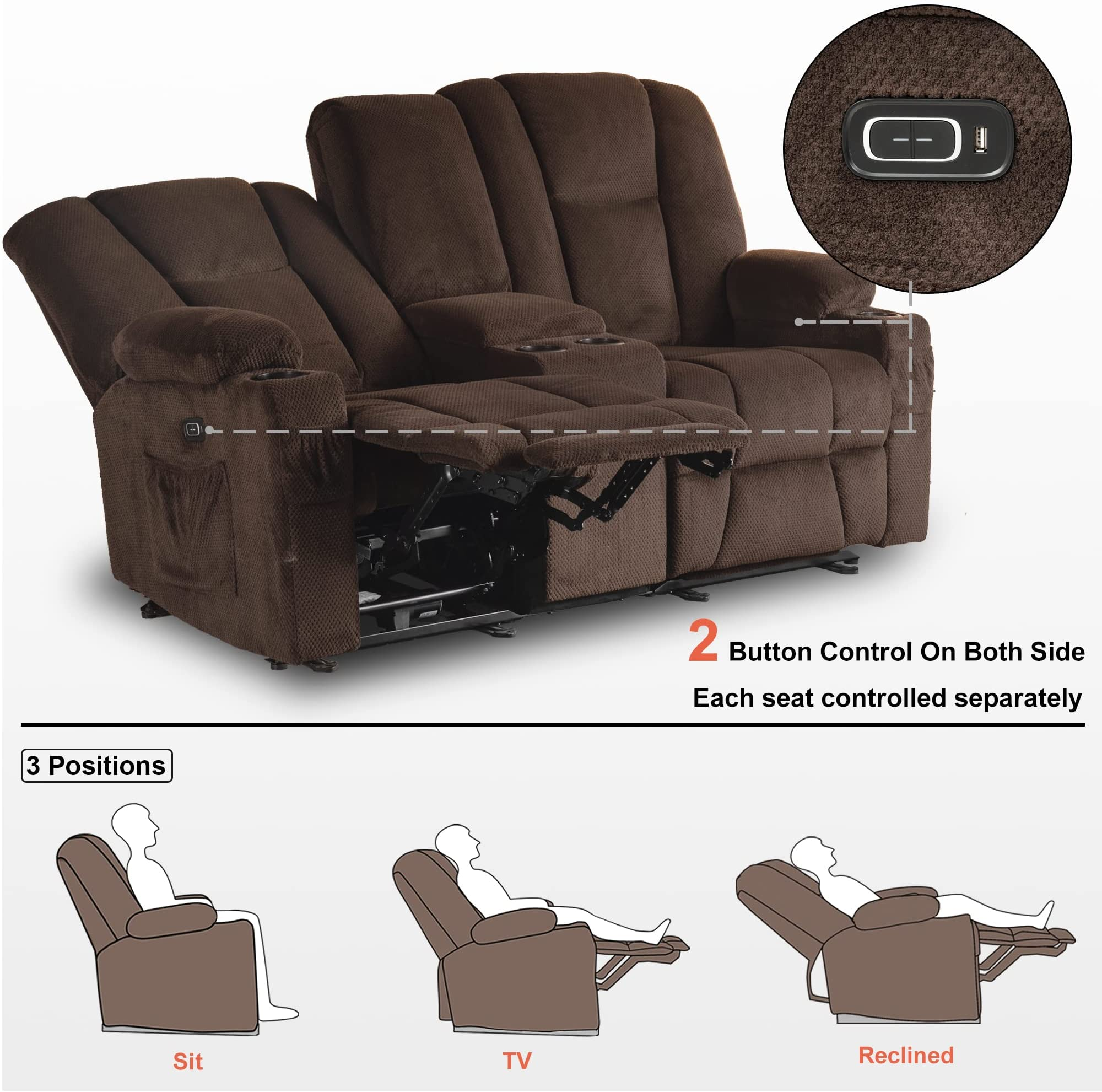 Power Reclining Loveseat with Console,  Heat and Massage, Fabric 6045