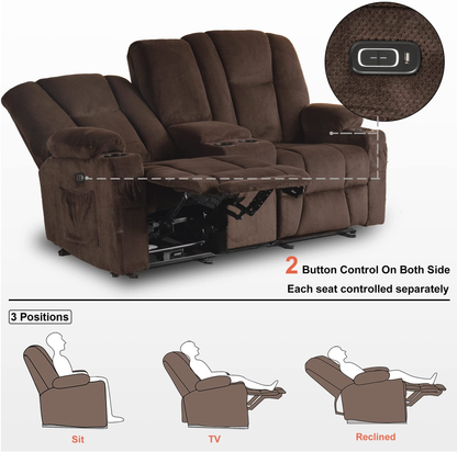 Power Reclining Loveseat with Console,  Heat and Massage, Fabric 6045