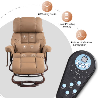 MCombo Recliner with Ottoman Reclining Chair with Massage and Lumbar Pillow, 360 Degree Swivel Wood Base, Faux Leather 9068