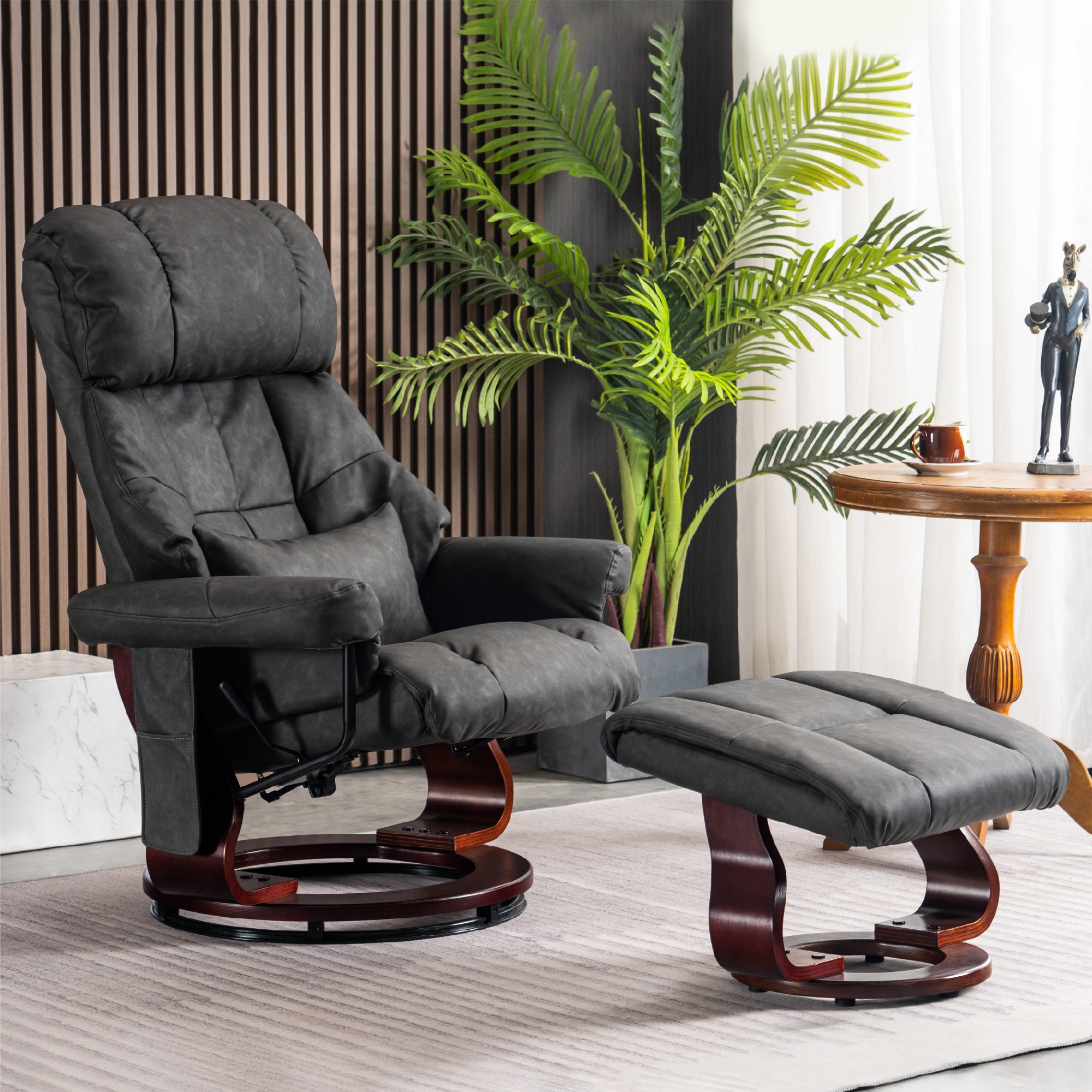 MCombo Recliner with Ottoman Reclining Chair with Massage and Lumbar Pillow, 360 Degree Swivel Wood Base, Faux Leather 9068