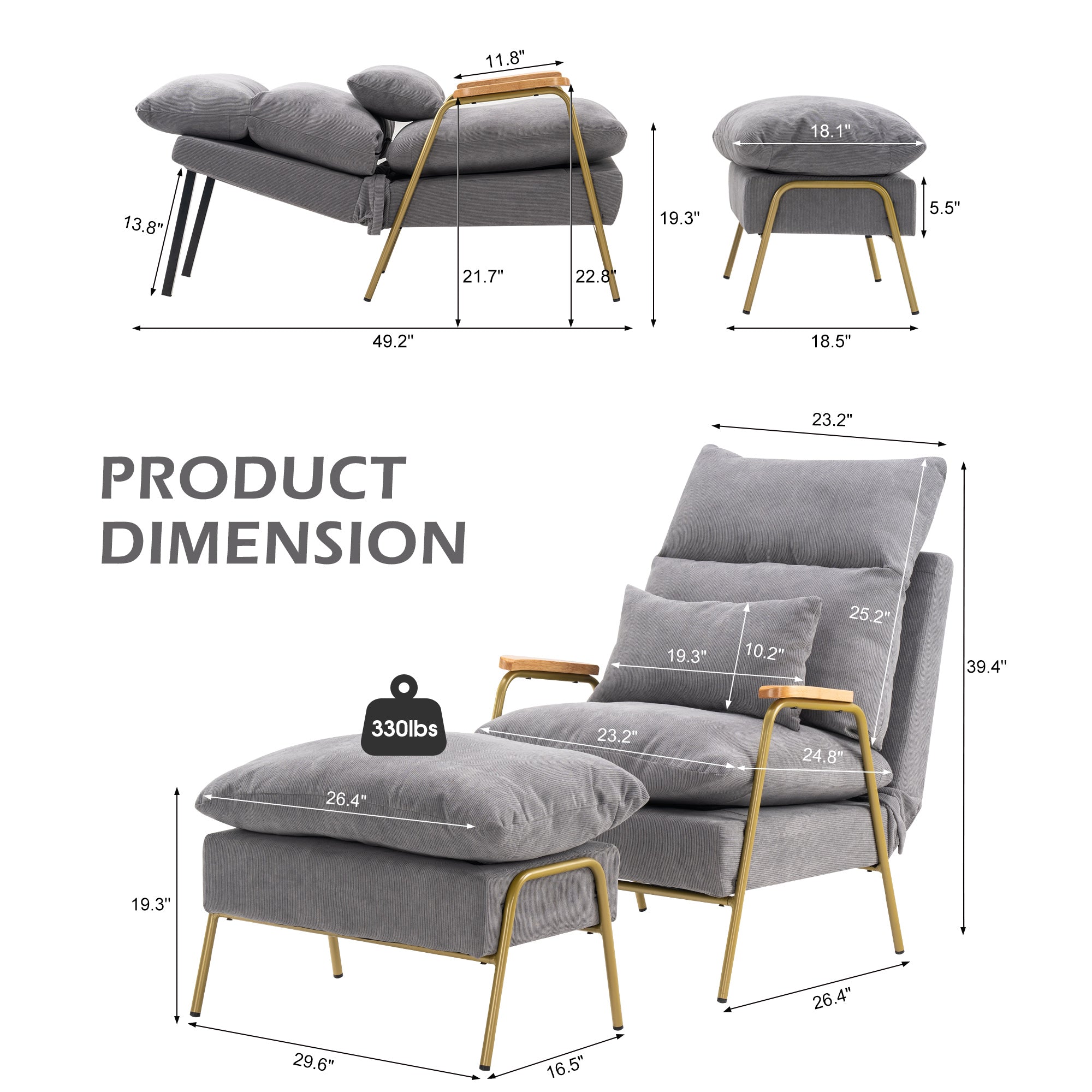 MCombo Accent Recliner Chair with Ottoman, Fabric Couch Bed Chair, Armchair Club Chair, Adjustable Backrest and Headrest, for Living Room Bedroom Office 4055/4058/4059