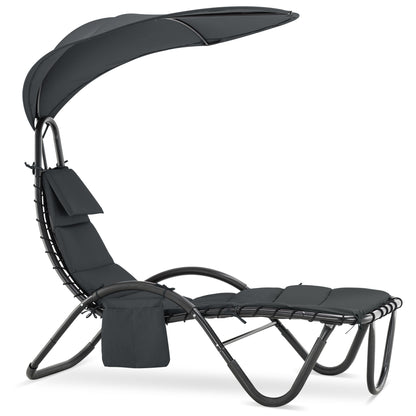 Mcombo Outdoor Chaise Lounge Chair w/Adjustable Canopy, Adjustable Cushioned Reclining Chair w/Side Pocket and Arc Stand, Sun Lounger for Beach Poolside Backyard Balcony Porch, 4097