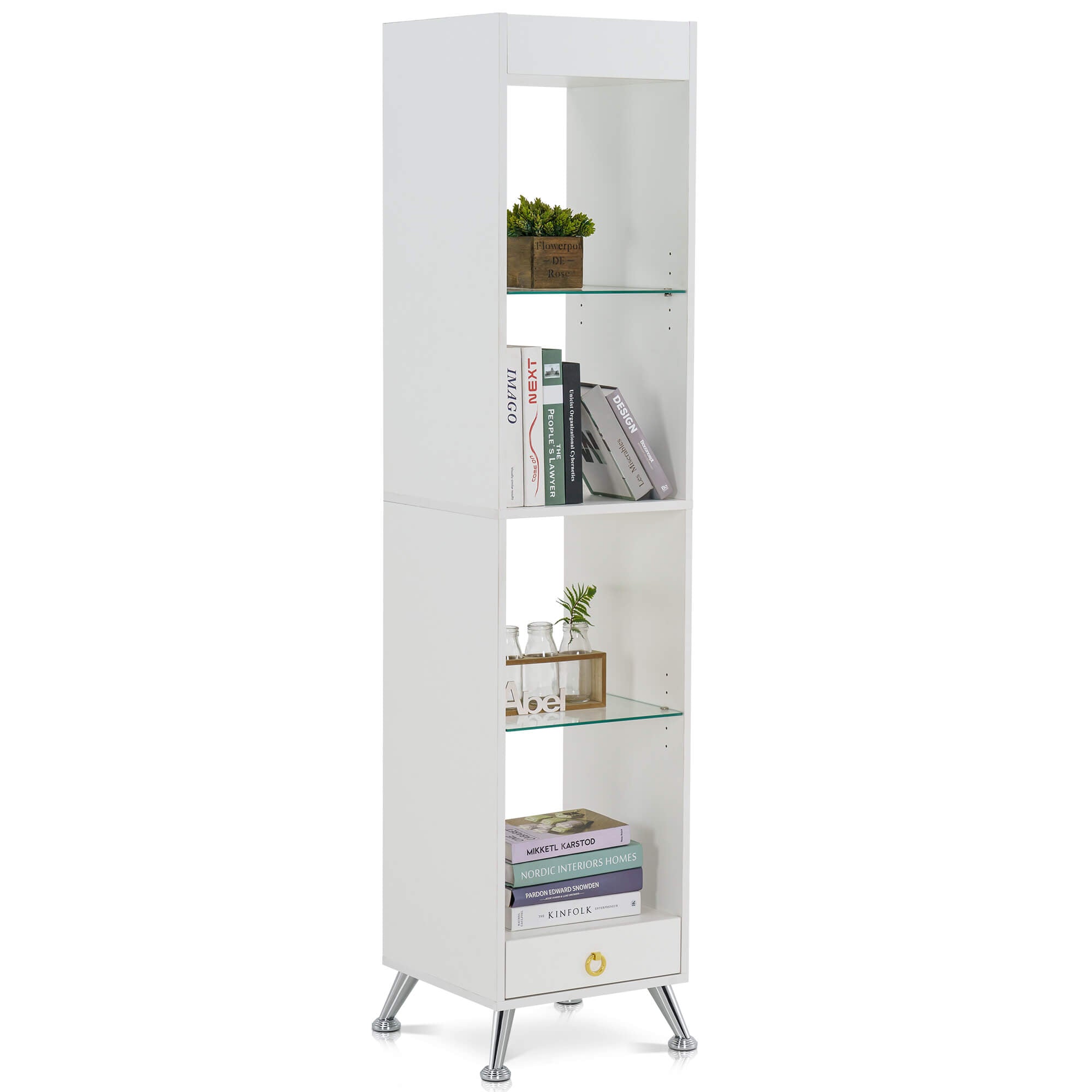 Mcombo tall bookshelf for small spaces, narrow bookcase with adjustable display shelf Seal Brown or Matte White 6090-BS807