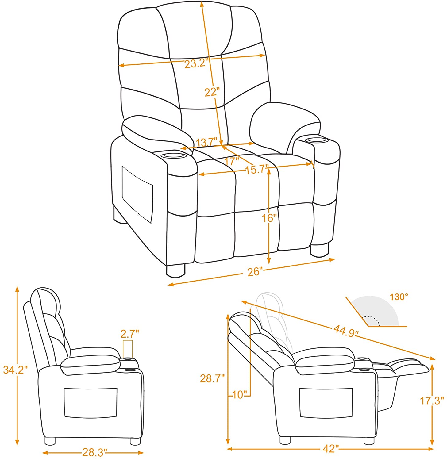 MCombo Big Kids Recliner Chair with Cup Holders for Boys and Girls Room, 2 Side Pockets, 3+ Age Group,Velvet Fabric 7355/7366