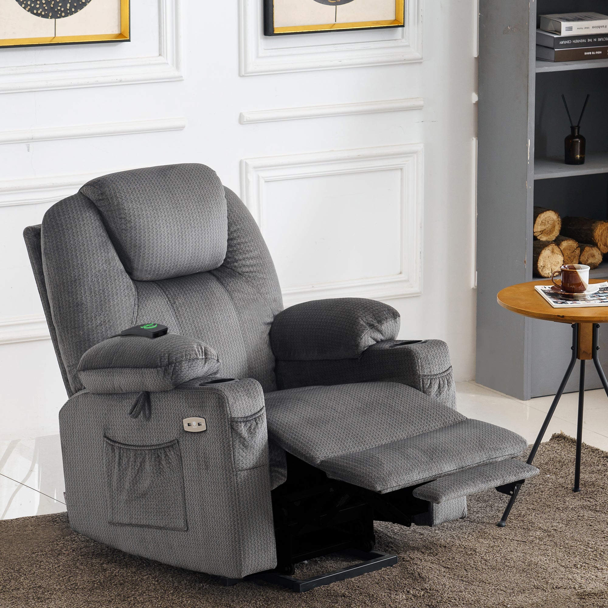 MCombo Electric Power Lift Recliner Chair Sofa with Massage and Heat for Elderly, 3 Positions, 2 Side Pockets and Cup Holders, USB Ports, Fabric 7040 Series