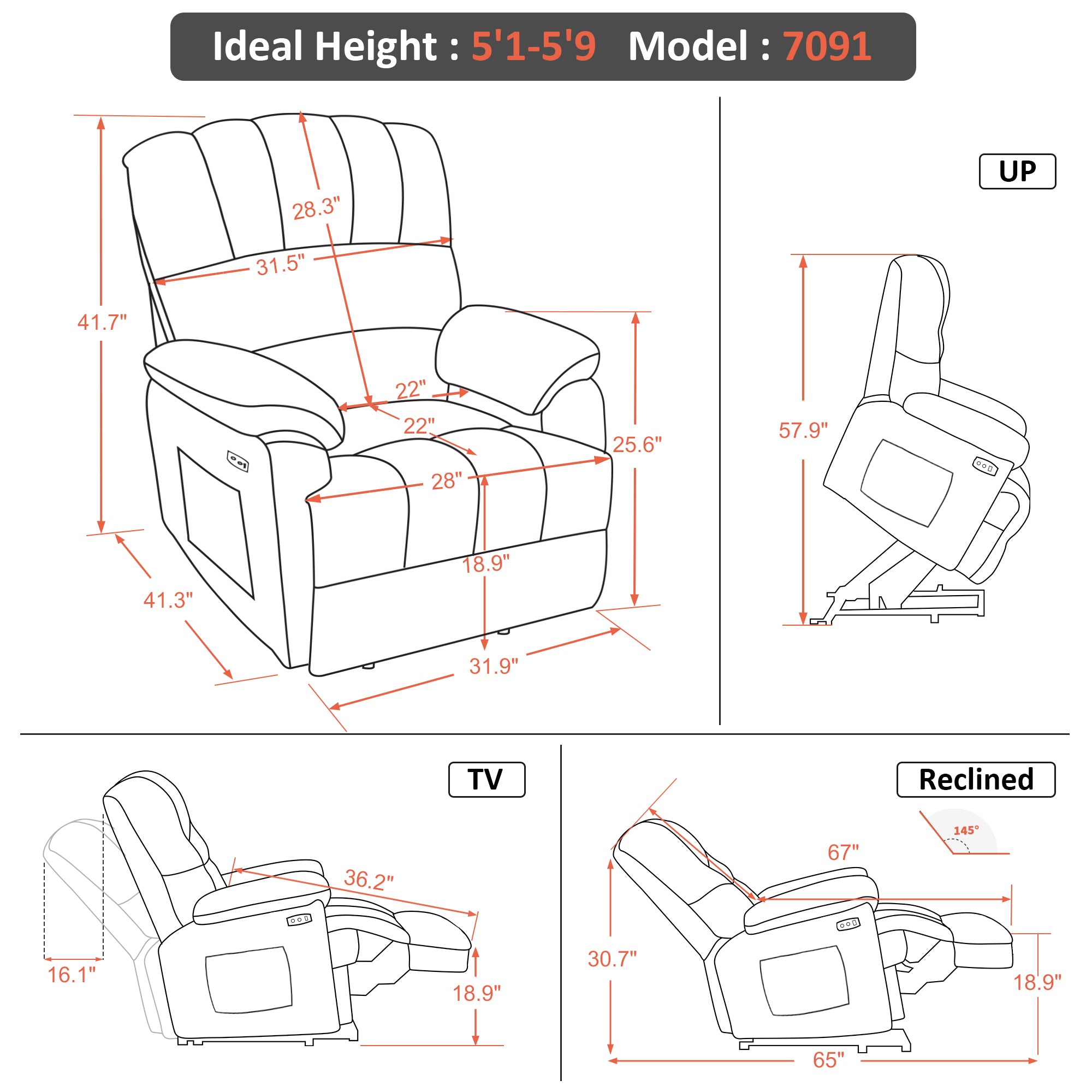 MCombo Power Lift Recliner Chair Sofa with Massage and Heat for Elderly People, 3 Positions, Control Buttons, USB Charge Port, Fabric 7091