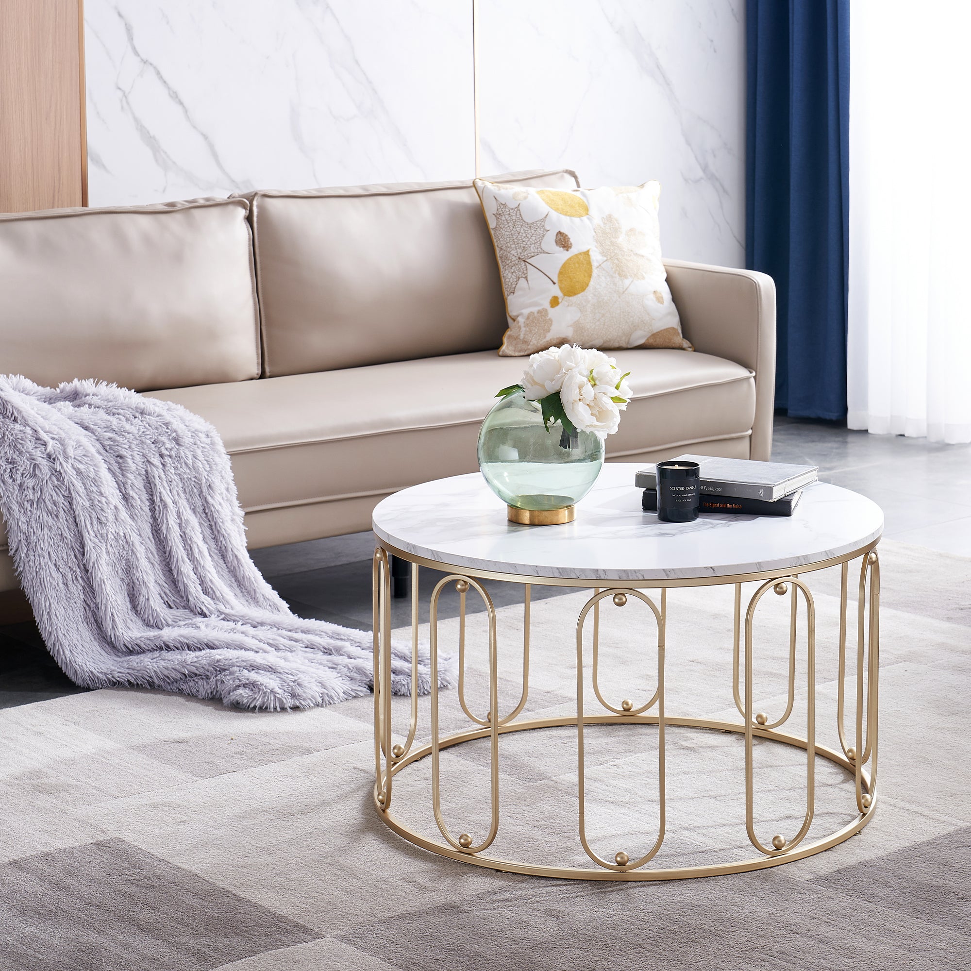 Modern Accent Round Coffee Table for Living Room 31.5’’ Table with Golden Metal Frame Tea Table Side Cocktail Table 6090-Orchid-S32GL/BK