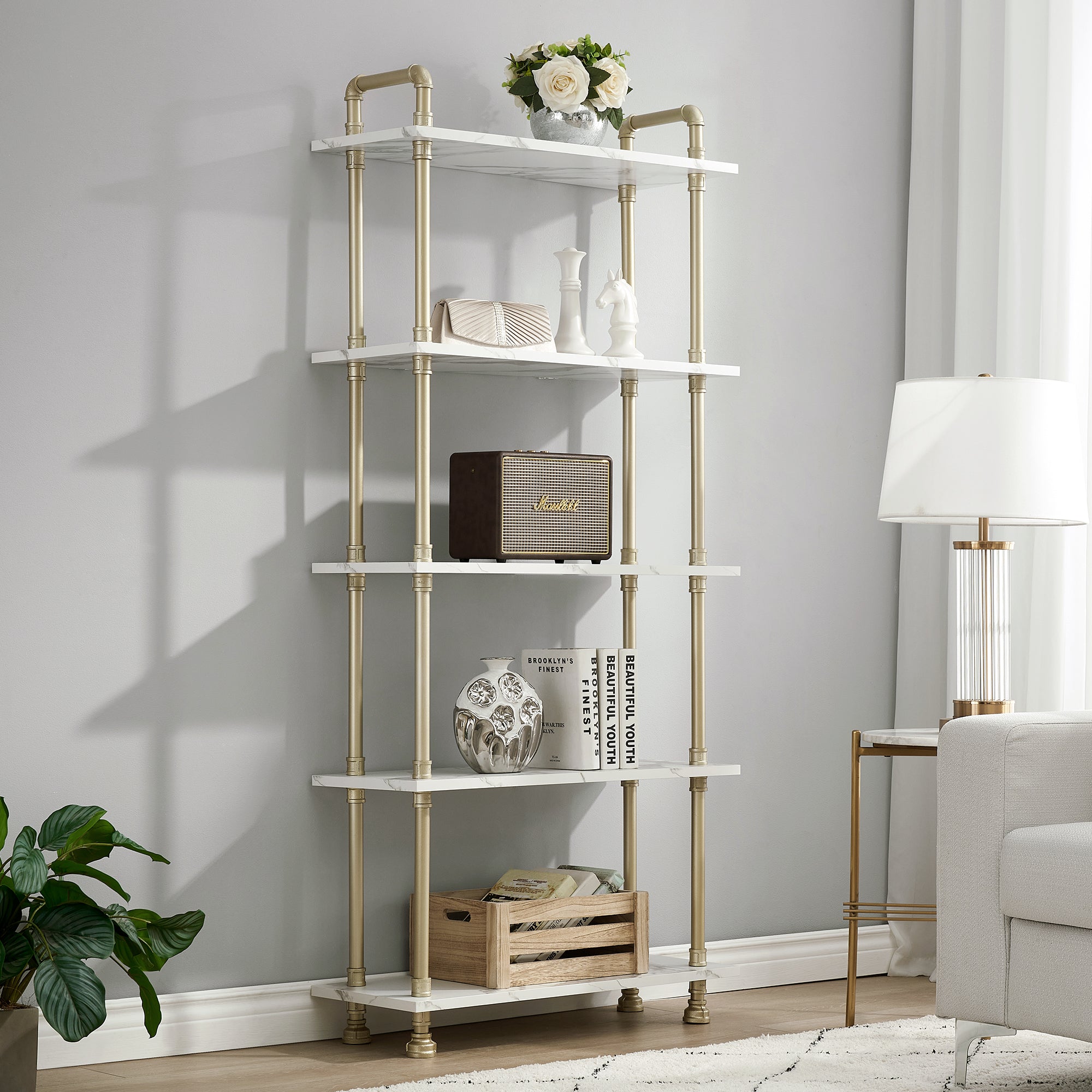 Mcombo 5 Tier Bookshelf Tall, Open Etagere Bookcase with Metal Frame, Office Shelf Storage Organizer, Modern Book Shelf for Living Room, Bedroom, Home Décor Display Rack, White Marble Gold 6090-BS303WGD/6090-BS404WGD/6090-BS505WGD