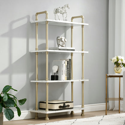 Mcombo 5 Tier Bookshelf Tall, Open Etagere Bookcase with Metal Frame, Office Shelf Storage Organizer, Modern Book Shelf for Living Room, Bedroom, Home Décor Display Rack, White Marble Gold 6090-BS303WGD/6090-BS404WGD/6090-BS505WGD