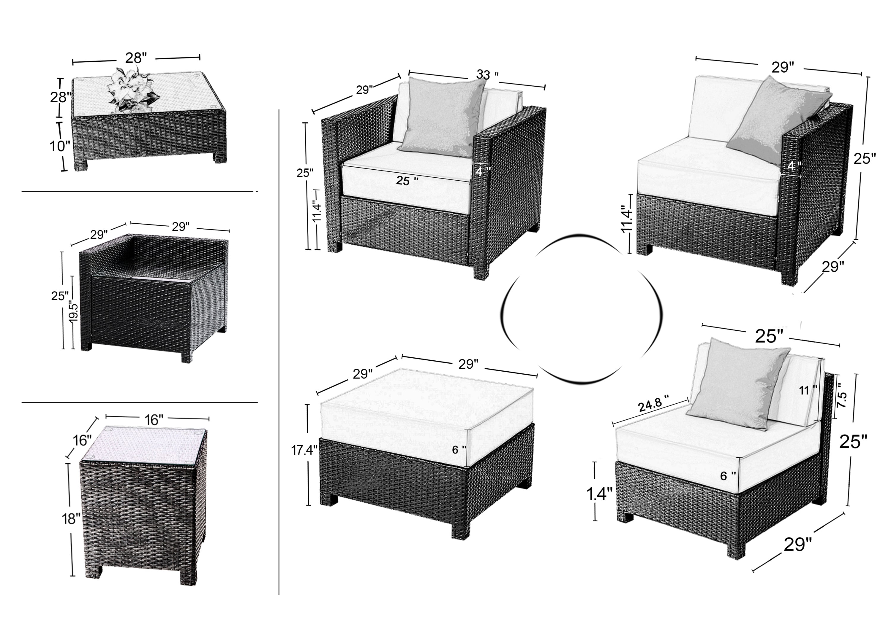 Patio Wicker Furniture Sectional Set, 6080-DIY-EY