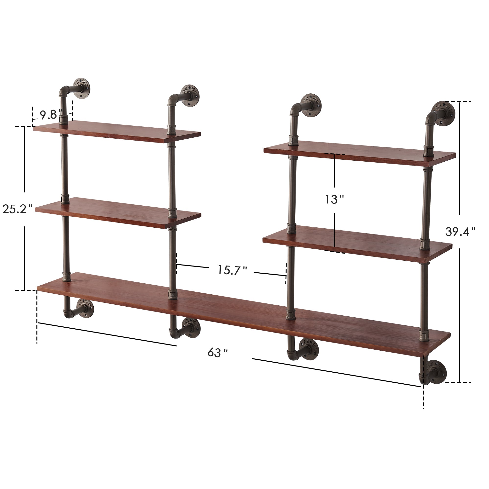 MCombo Industrial Pipe Shelving Wall Mounted, 63in Rustic Metal Floating Shelves, Solid Wood Book Shelves,Wall Shelf Unit Bookshelf Hanging Wall Shelves,Farmhouse Kitchen Bar Shelving(3 Tier),6090-Koala-K22,6090-Caber-C4