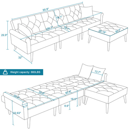 Convertible Velvet Sofa Couch, Sectional Sofa with Ottoman, Mid-Century Upholstered Comfy Futon Sofa Bed, Sleeper Sofa 4-Seater Loveseat for Apartment, Living Room, Office 6090-SOFA-5131GY/P/BG/BU