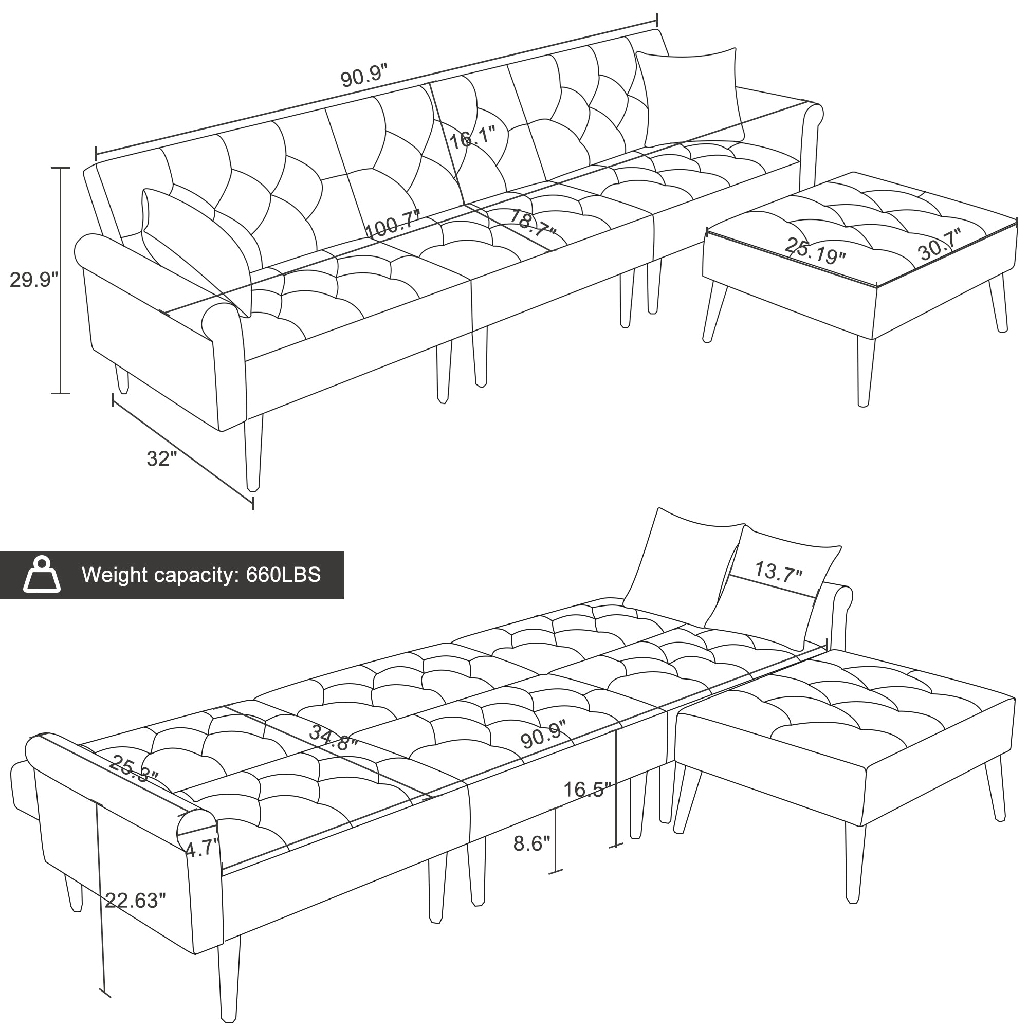 Convertible Velvet Sofa Couch, Sectional Sofa with Ottoman, Mid-Century Upholstered Comfy Futon Sofa Bed, Sleeper Sofa 4-Seater Loveseat for Apartment, Living Room, Office 6090-SOFA-5131GY/P/BG/BU