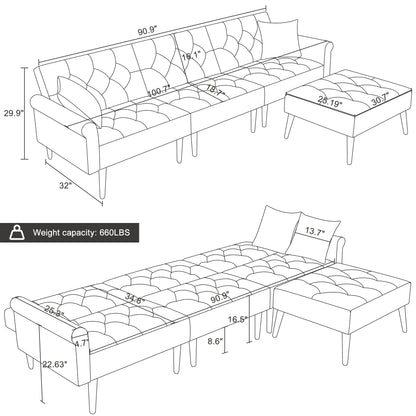 Convertible Velvet Sofa Couch, Sectional Sofa with Ottoman, Mid-Century Upholstered Comfy Futon Sofa Bed, Sleeper Sofa 4-Seater Loveseat for Apartment, Living Room, Office 6090-SOFA-5131GY/P/BG/BU