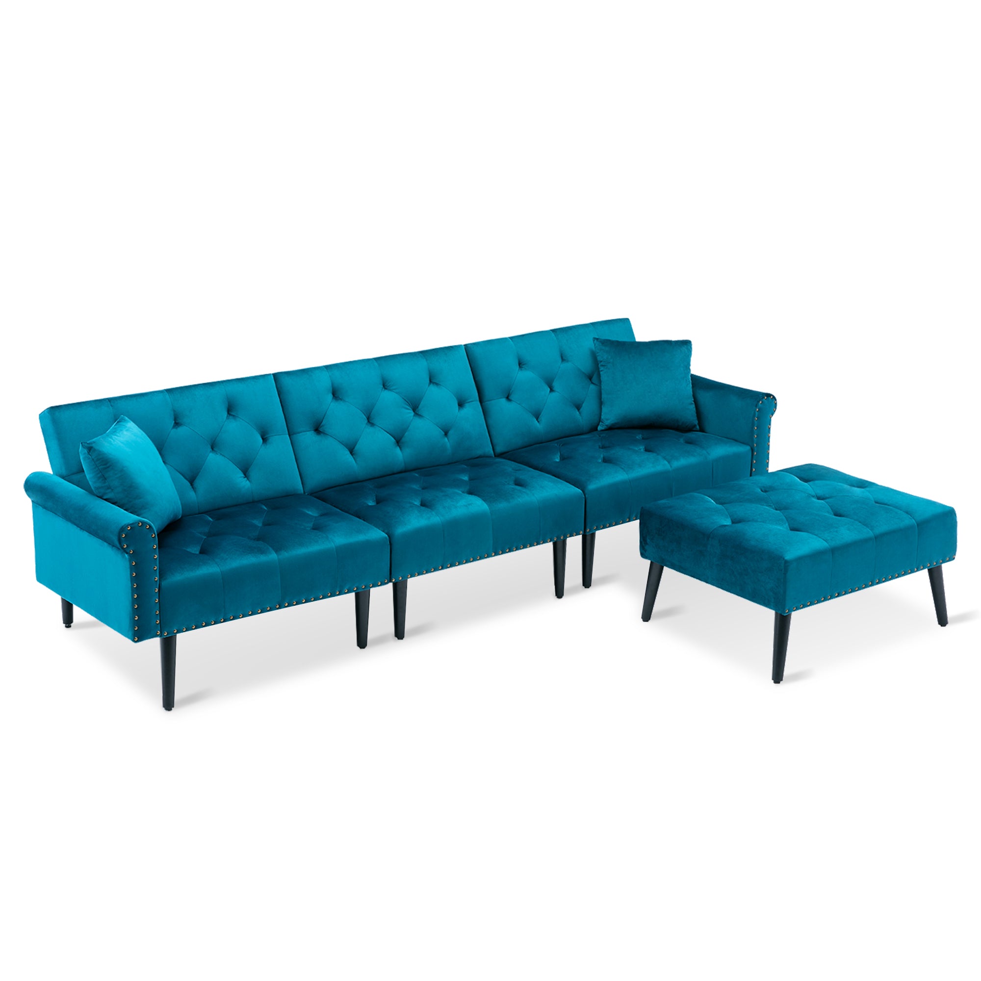 Convertible Velvet Sofa Couch, Sectional Sofa with Ottoman, Mid-Century Upholstered Comfy Futon Sofa Bed, Sleeper Sofa 4-Seater Loveseat for Apartment, Living Room, Office 6090-SOFA-5131GY/P/BG/BU