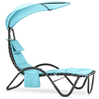 Mcombo Outdoor Chaise Lounge Chair w/Adjustable Canopy, Adjustable Cushioned Reclining Chair w/Side Pocket and Arc Stand, Sun Lounger for Beach Poolside Backyard Balcony Porch, 4097