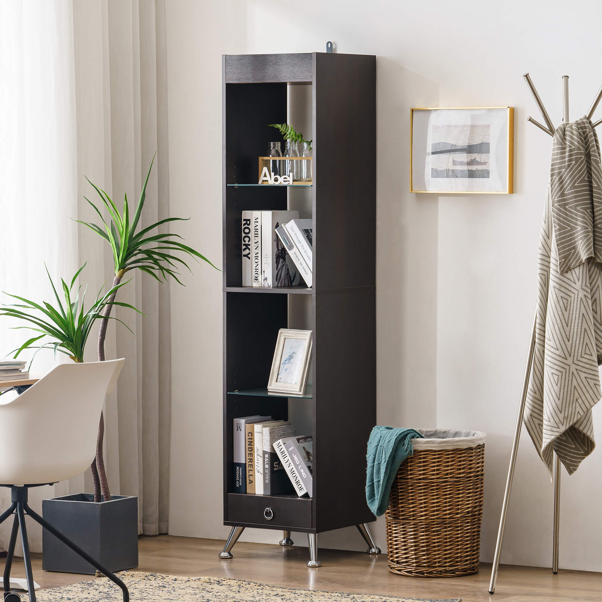 Mcombo tall bookshelf for small spaces, narrow bookcase with adjustable display shelf Seal Brown or Matte White 6090-BS807