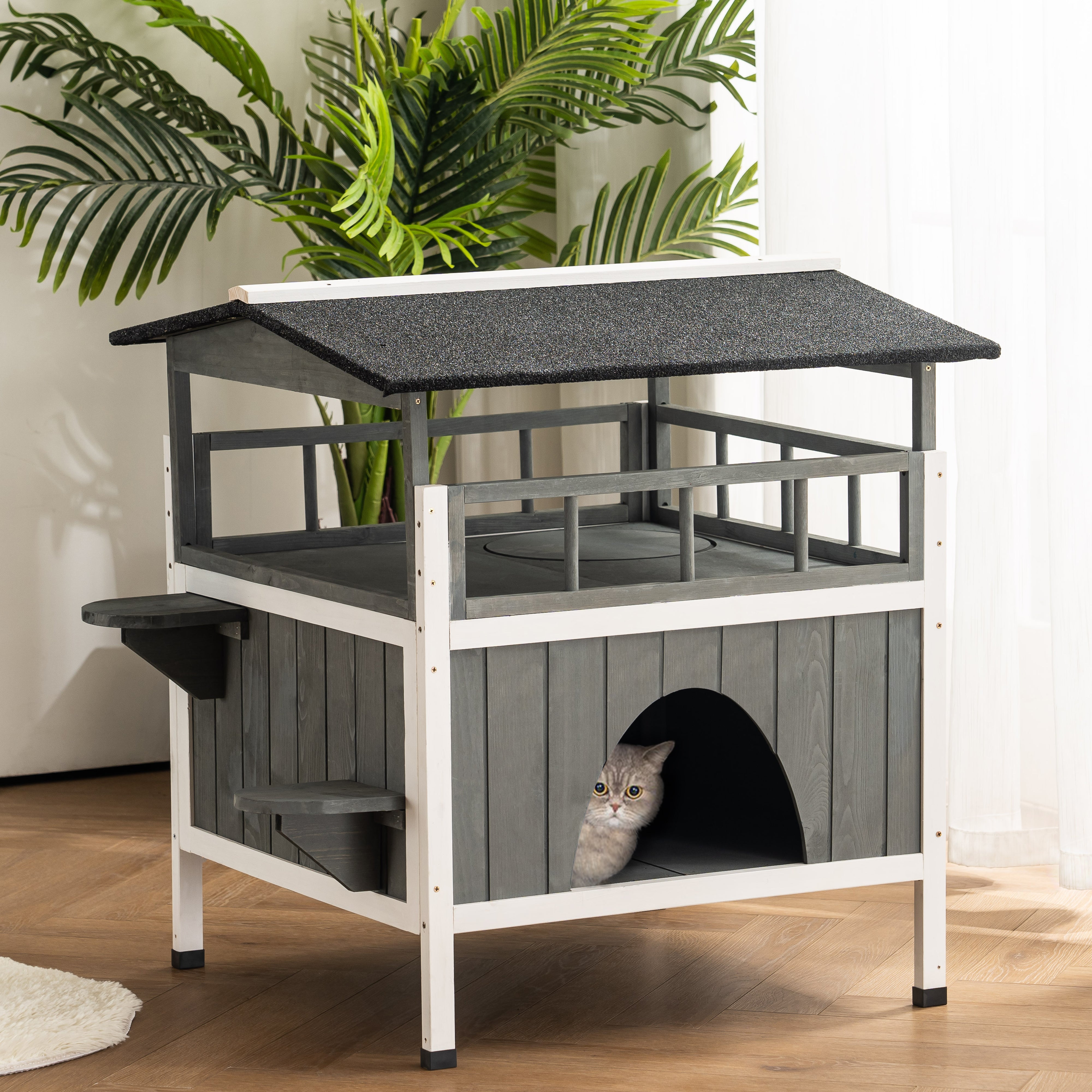 Lovupet Wooden Cat House Indoor Outdoor, 2 Story Cat Shelter House Condos with Roof for Small Dogs, Pet, Feral Cat Gray 6012-1377EY