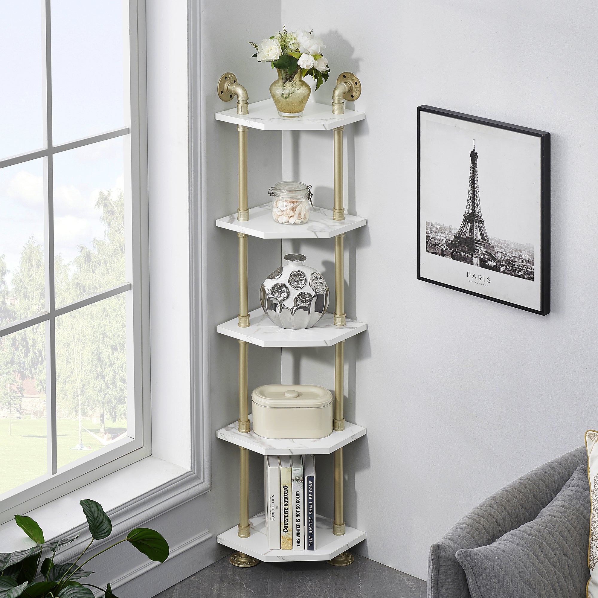 Corner Bookshelf with Storage, Wall Mount Pipe Open Shelves, White Corner Shelf Stand, Gold Metal Décor Bookcase , Modern Shelf Organizer Display Stand Rack for Bedroom, Bathroom, Home, Office, Living Room 6090-CS303WGD/6090-CS404WGD/6090-CS505WGD